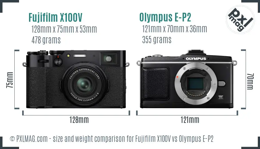 Fujifilm X100V vs Olympus E-P2 size comparison Fujifilm X100V vs Olympus E-P2 size comparison