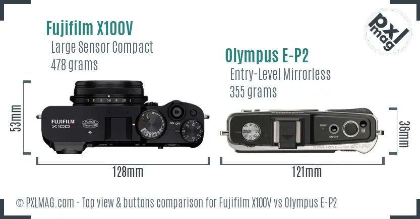 Fujifilm X100V vs Olympus E-P2 top view buttons comparison Fujifilm X100V vs Olympus E-P2 top view buttons comparison