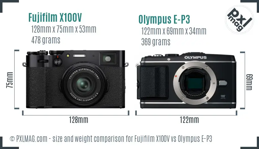 Fujifilm X100V vs Olympus E-P3 size comparison Fujifilm X100V vs Olympus E-P3 size comparison