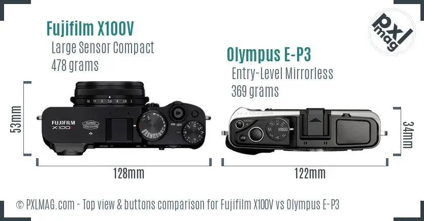 Fujifilm X100V vs Olympus E-P3 top view buttons comparison Fujifilm X100V vs Olympus E-P3 top view buttons comparison