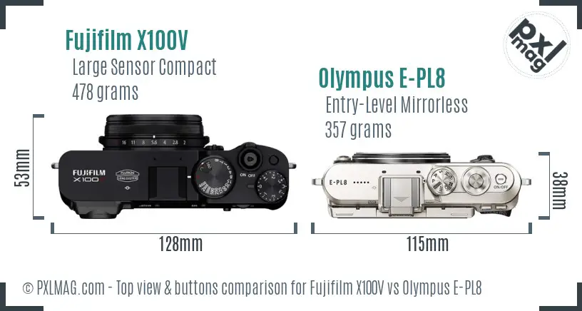 Fujifilm X100V vs Olympus E-PL8 top view buttons comparison Fujifilm X100V vs Olympus E-PL8 top view buttons comparison