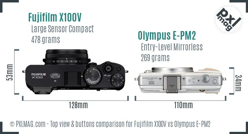 Fujifilm X100V vs Olympus E-PM2 top view buttons comparison Fujifilm X100V vs Olympus E-PM2 top view buttons comparison