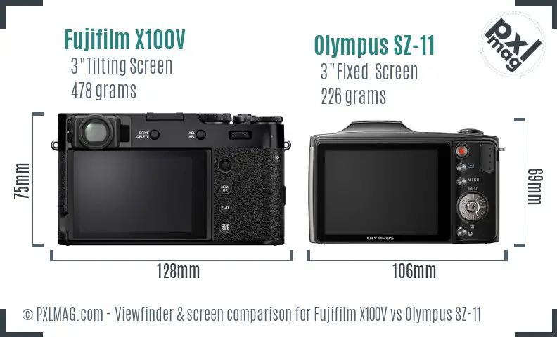 Fujifilm X100V vs Olympus SZ-11 Screen and Viewfinder comparison
