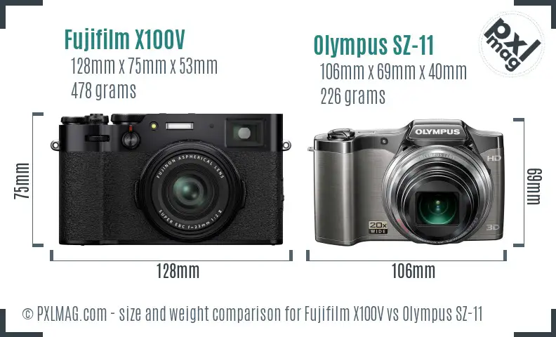Fujifilm X100V vs Olympus SZ-11 size comparison