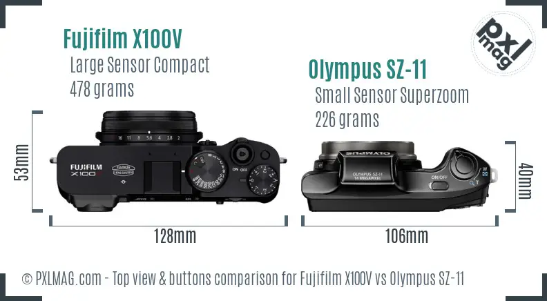 Fujifilm X100V vs Olympus SZ-11 top view buttons comparison
