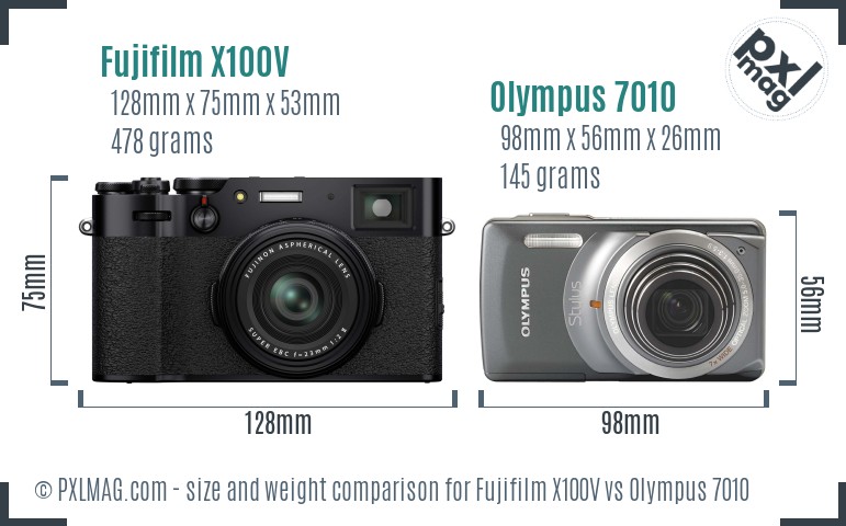 Fujifilm X100V vs Olympus 7010 size comparison