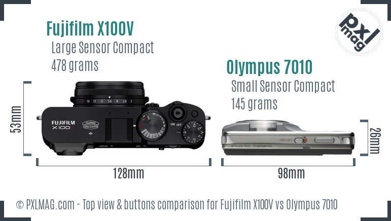 Fujifilm X100V vs Olympus 7010 top view buttons comparison