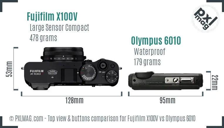 Fujifilm X100V vs Olympus 6010 top view buttons comparison