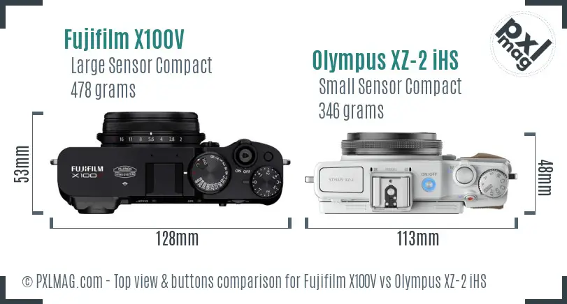 Fujifilm X100V vs Olympus XZ-2 iHS top view buttons comparison