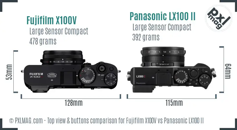 Fujifilm X100V vs Panasonic LX100 II top view buttons comparison