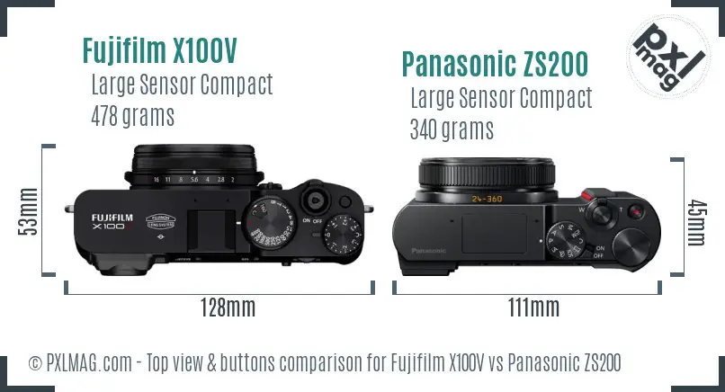 Fujifilm X100V vs Panasonic ZS200 top view buttons comparison