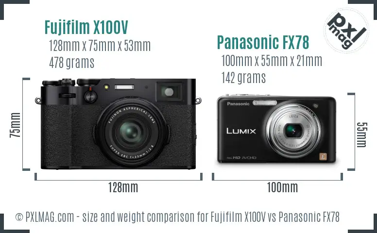 Fujifilm X100V vs Panasonic FX78 size comparison