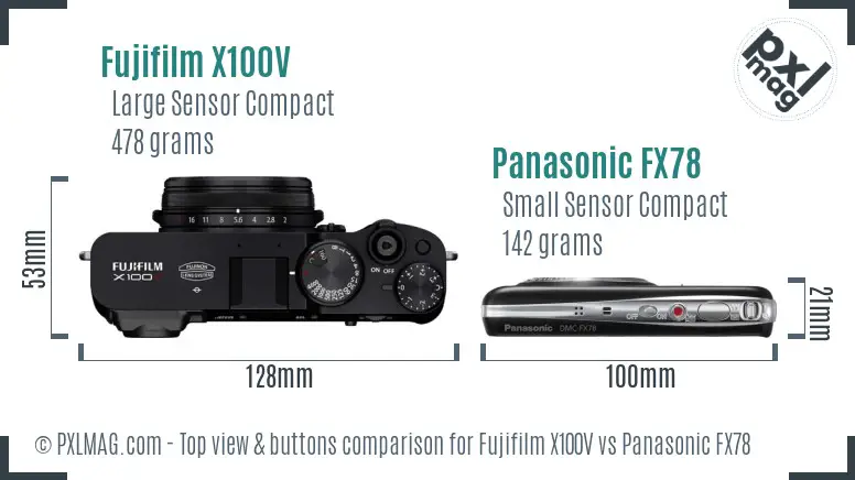 Fujifilm X100V vs Panasonic FX78 top view buttons comparison