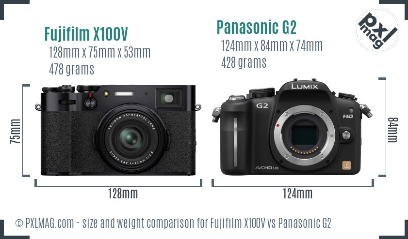 Fujifilm X100V vs Panasonic G2 size comparison