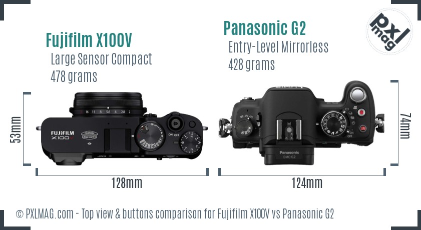 Fujifilm X100V vs Panasonic G2 top view buttons comparison