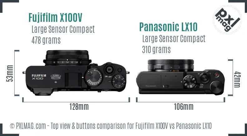 Fujifilm X100V vs Panasonic LX10 top view buttons comparison