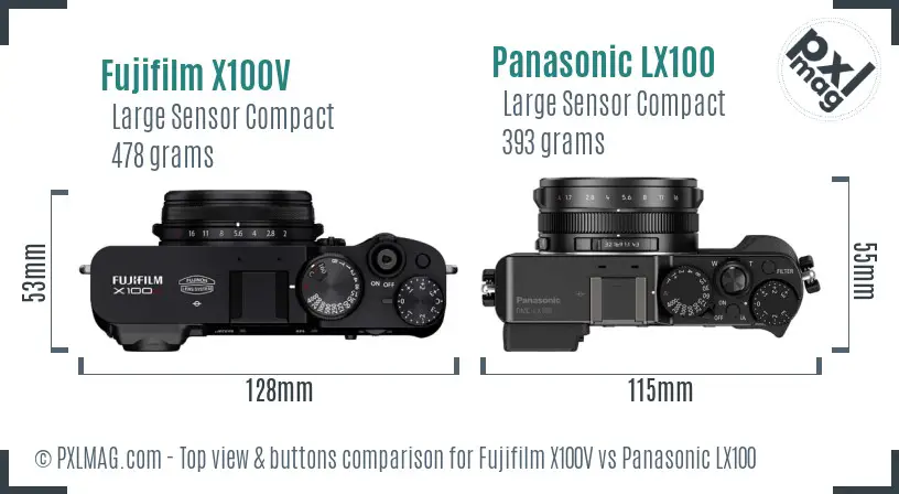 Fujifilm X100V vs Panasonic LX100 top view buttons comparison