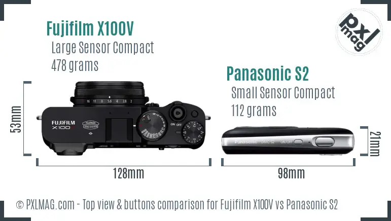 Fujifilm X100V vs Panasonic S2 top view buttons comparison