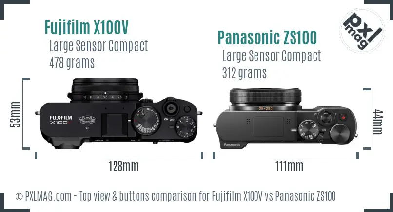 Fujifilm X100V vs Panasonic ZS100 top view buttons comparison