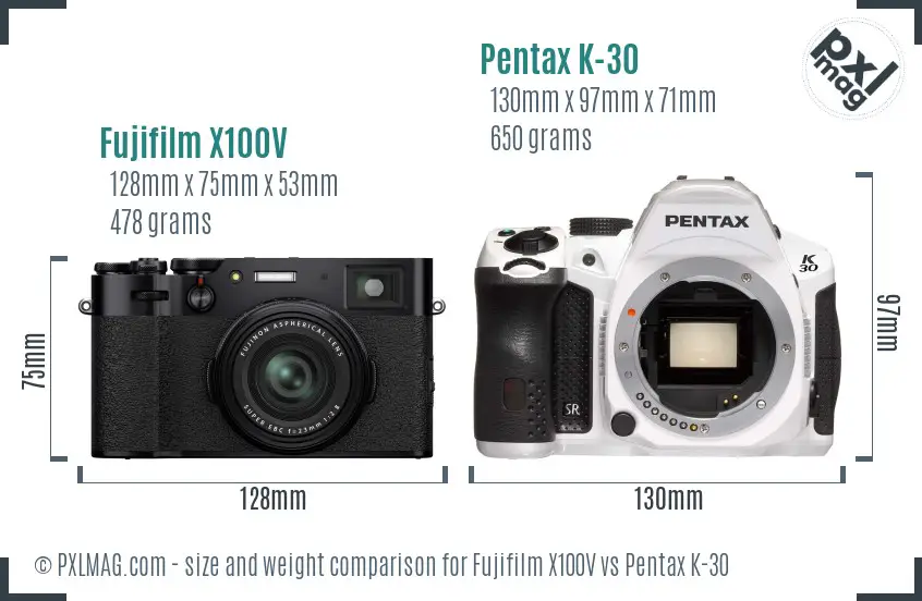 Fujifilm X100V vs Pentax K-30 size comparison Fujifilm X100V vs Pentax K-30 size comparison