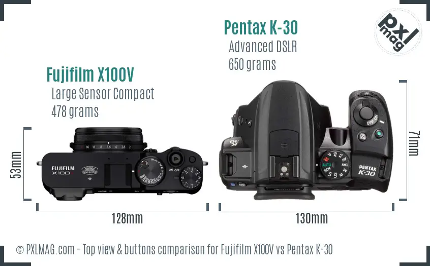 Fujifilm X100V vs Pentax K-30 top view buttons comparison Fujifilm X100V vs Pentax K-30 top view buttons comparison