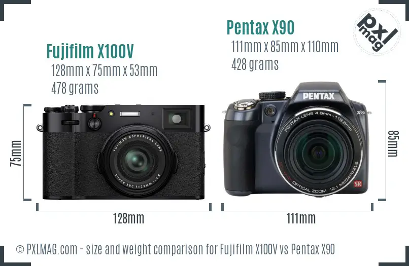 Fujifilm X100V vs Pentax X90 size comparison