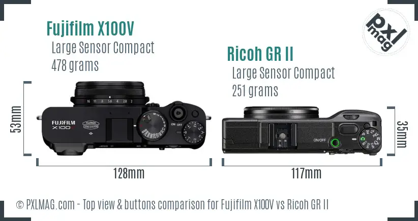 Fujifilm X100V vs Ricoh GR II top view buttons comparison