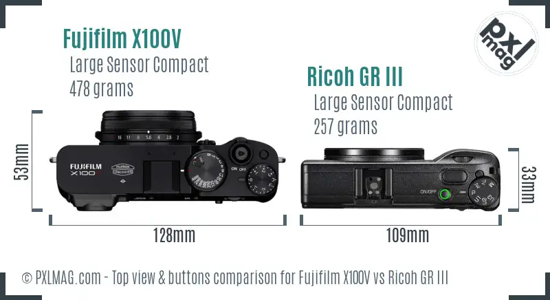 Fujifilm X100V vs Ricoh GR III top view buttons comparison