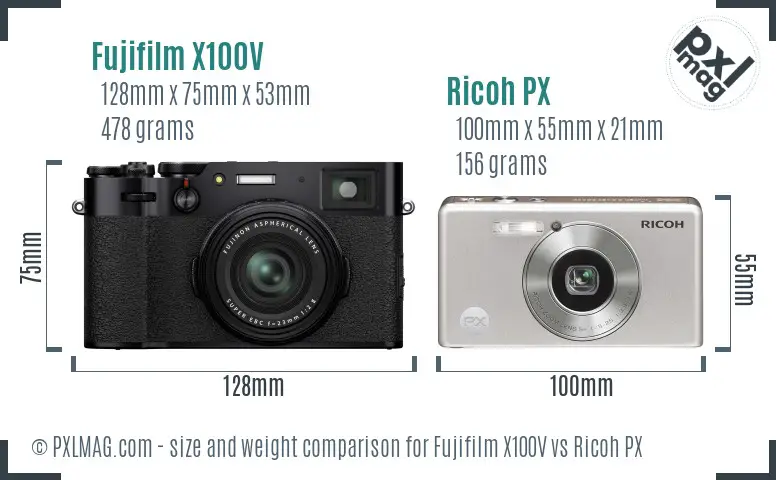 Fujifilm X100V vs Ricoh PX size comparison