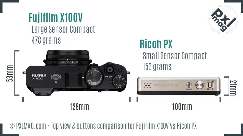 Fujifilm X100V vs Ricoh PX top view buttons comparison