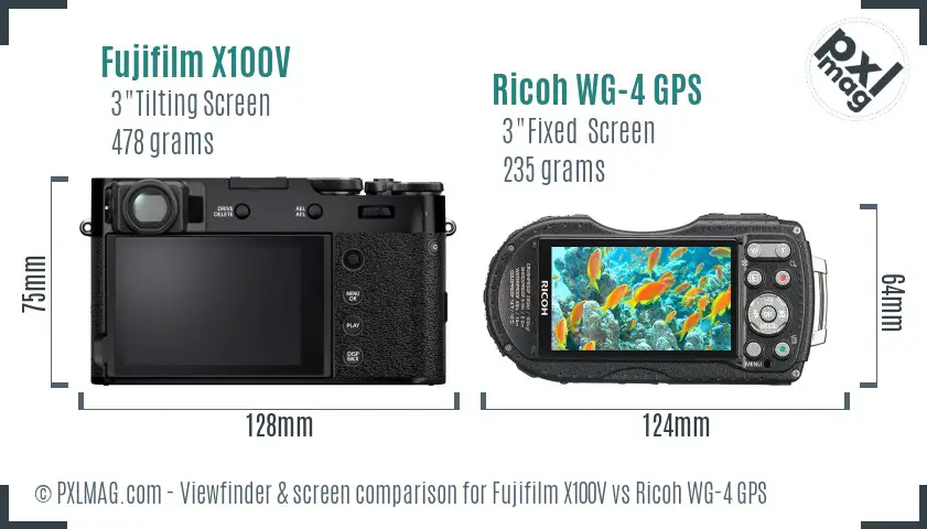 Fujifilm X100V vs Ricoh WG-4 GPS Screen and Viewfinder comparison
