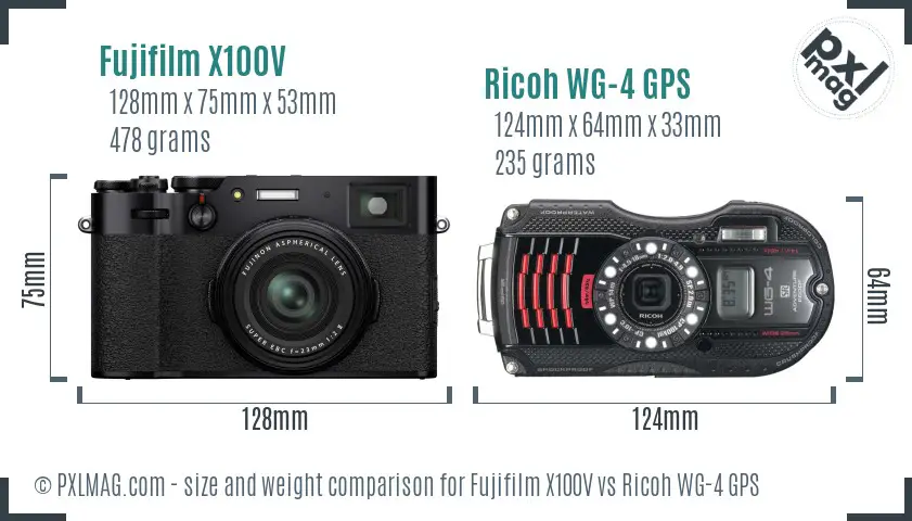 Fujifilm X100V vs Ricoh WG-4 GPS size comparison
