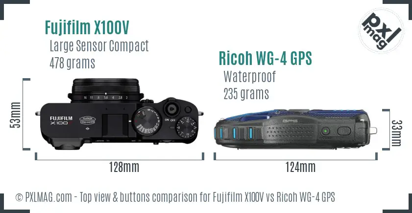 Fujifilm X100V vs Ricoh WG-4 GPS top view buttons comparison