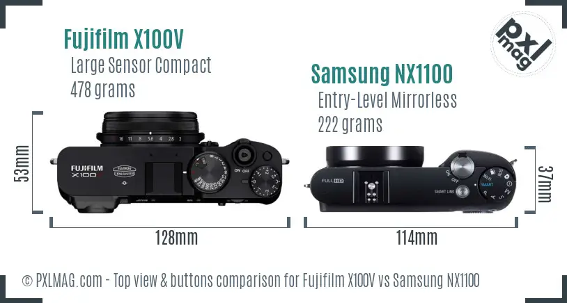 Fujifilm X100V vs Samsung NX1100 top view buttons comparison