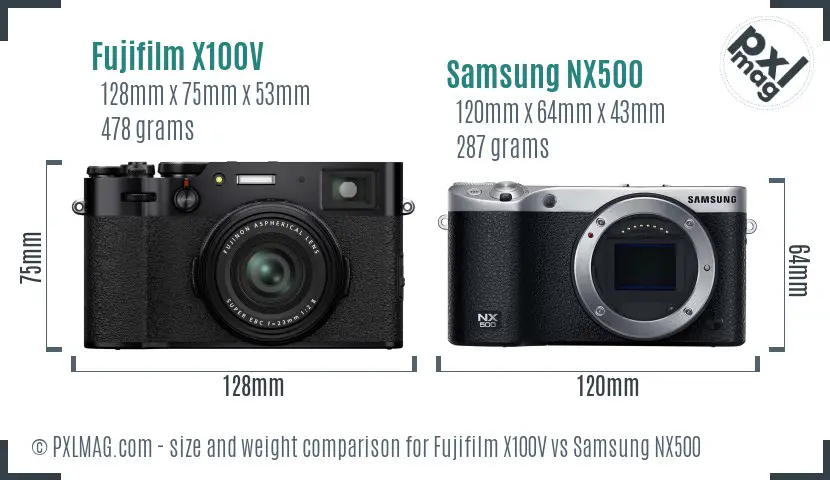 Fujifilm X100V vs Samsung NX500 size comparison