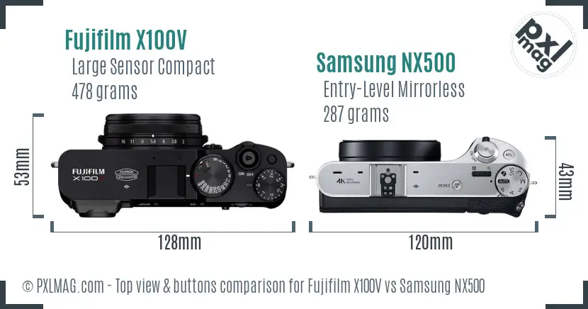 Fujifilm X100V vs Samsung NX500 top view buttons comparison