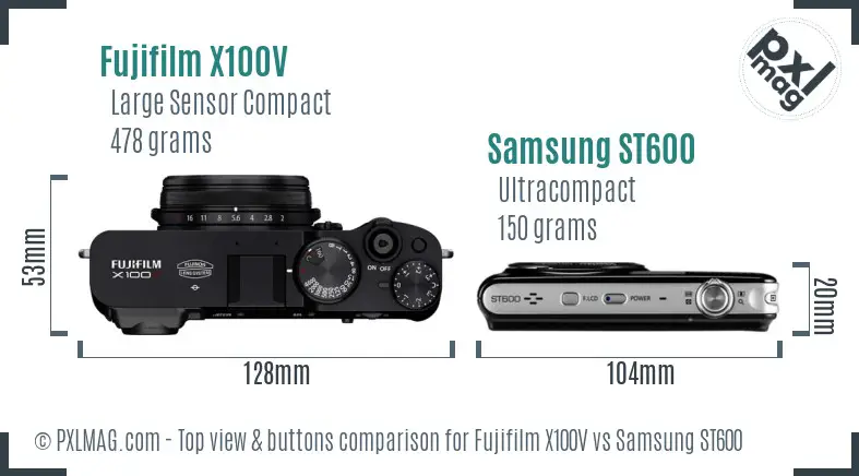 Fujifilm X100V vs Samsung ST600 top view buttons comparison