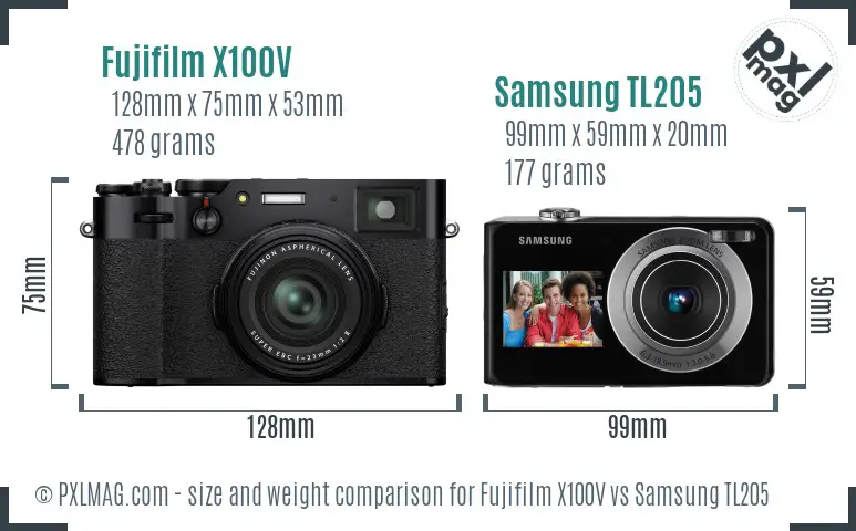 Fujifilm X100V vs Samsung TL205 size comparison