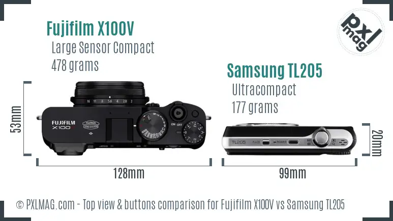 Fujifilm X100V vs Samsung TL205 top view buttons comparison