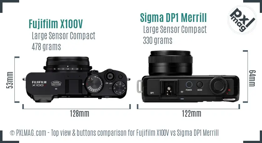 Fujifilm X100V vs Sigma DP1 Merrill top view buttons comparison