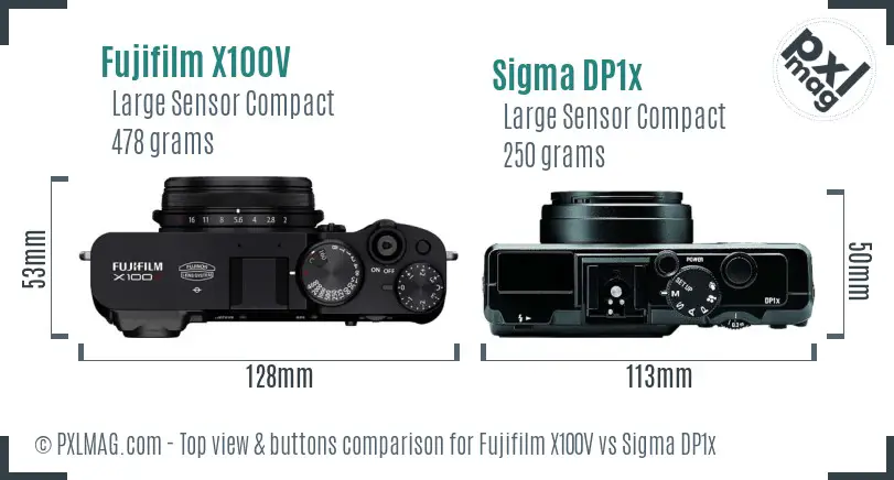 Fujifilm X100V vs Sigma DP1x top view buttons comparison