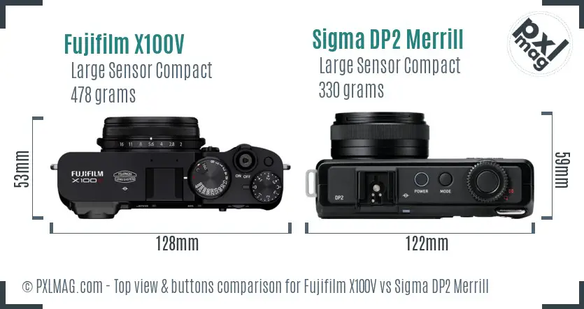 Fujifilm X100V vs Sigma DP2 Merrill top view buttons comparison