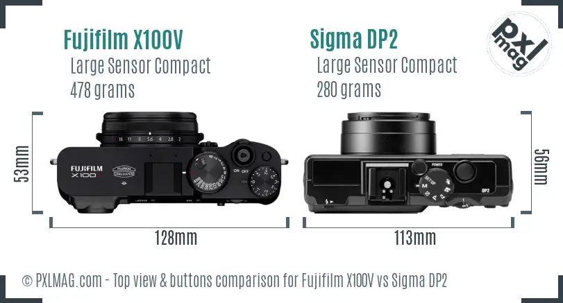 Fujifilm X100V vs Sigma DP2 top view buttons comparison