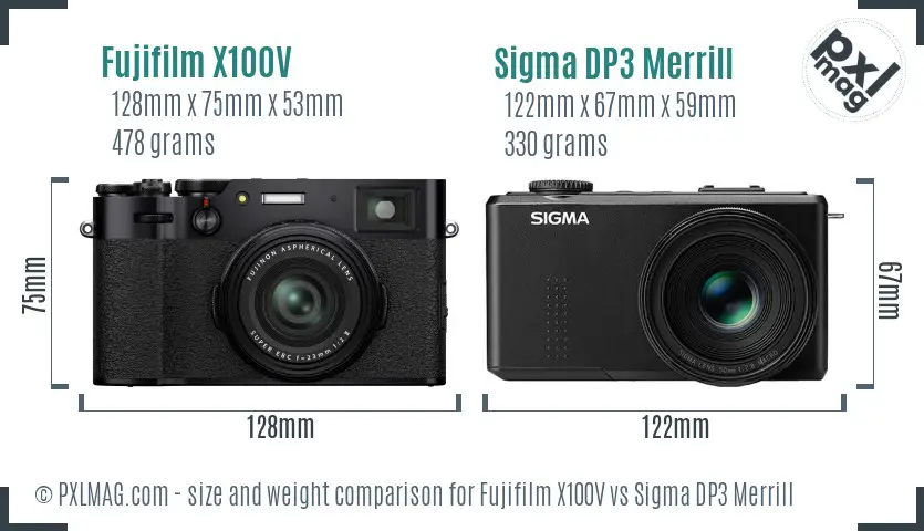 Fujifilm X100V vs Sigma DP3 Merrill size comparison