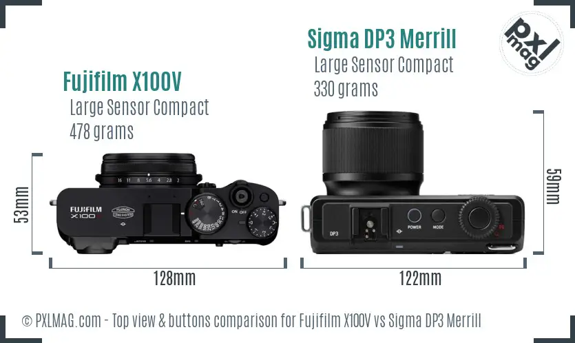 Fujifilm X100V vs Sigma DP3 Merrill top view buttons comparison