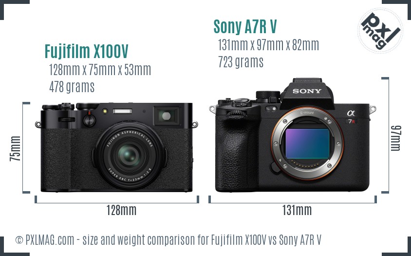 Fujifilm X100V vs Sony A7R V size comparison