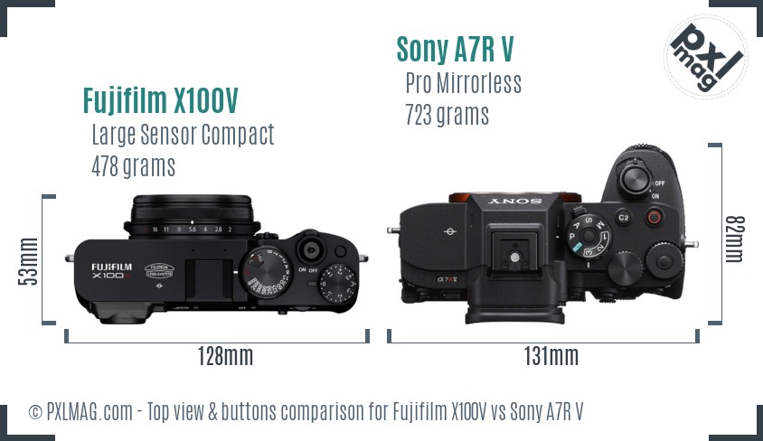 Fujifilm X100V vs Sony A7R V top view buttons comparison