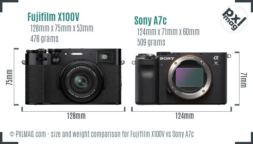 Fujifilm X100V vs Sony A7c size comparison