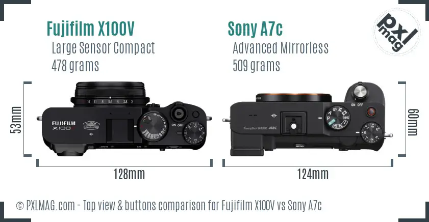 Fujifilm X100V vs Sony A7c top view buttons comparison