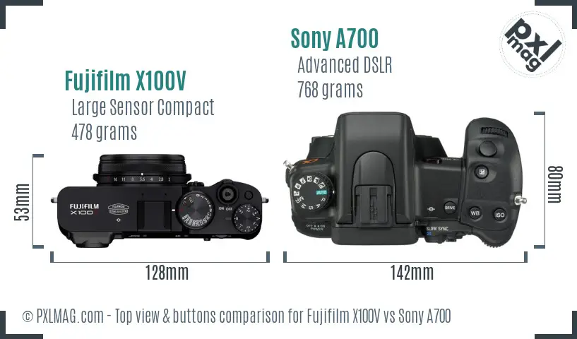 Fujifilm X100V vs Sony A700 top view buttons comparison Fujifilm X100V vs Sony A700 top view buttons comparison